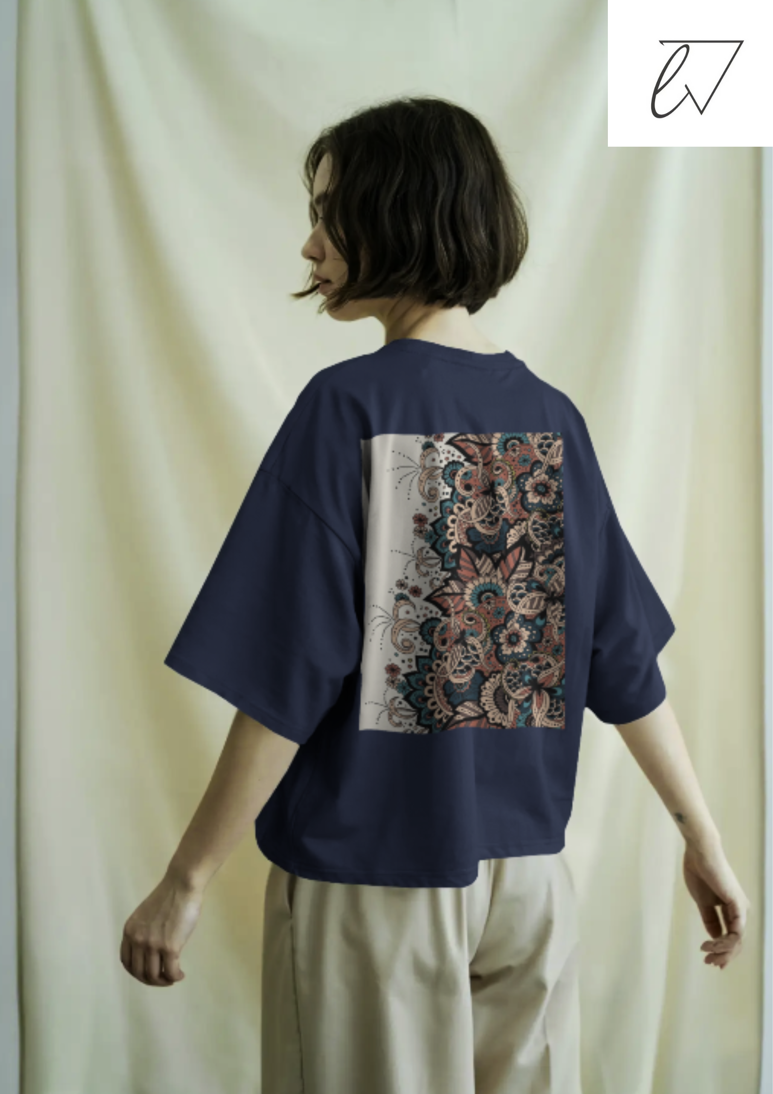 Boho Bloom Oversized Backprint Tee – Navy Blue | Liftyverse